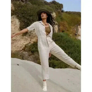 Mate The Label Women's Linen SS Jumpsuit XS‎ in Natural Cropped Organic Pockets